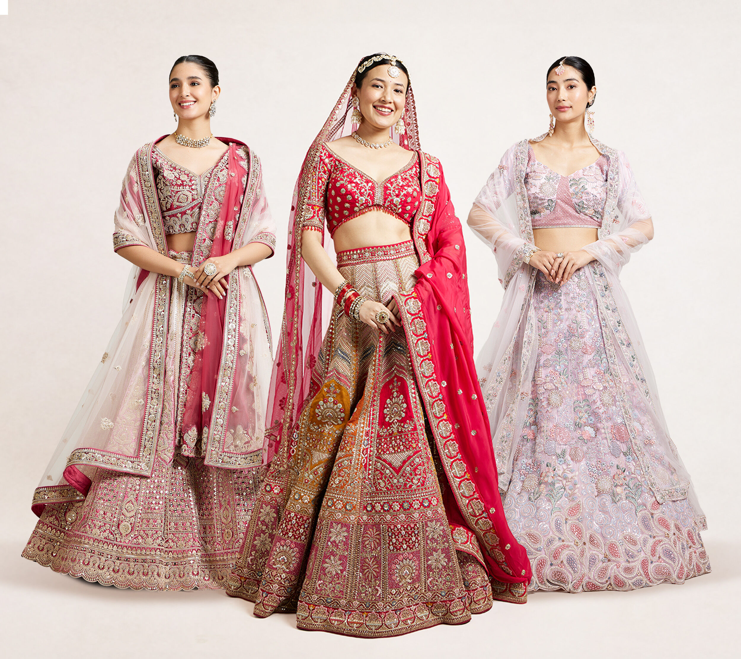 brides in different colour bridal lehenga with different colour duptta